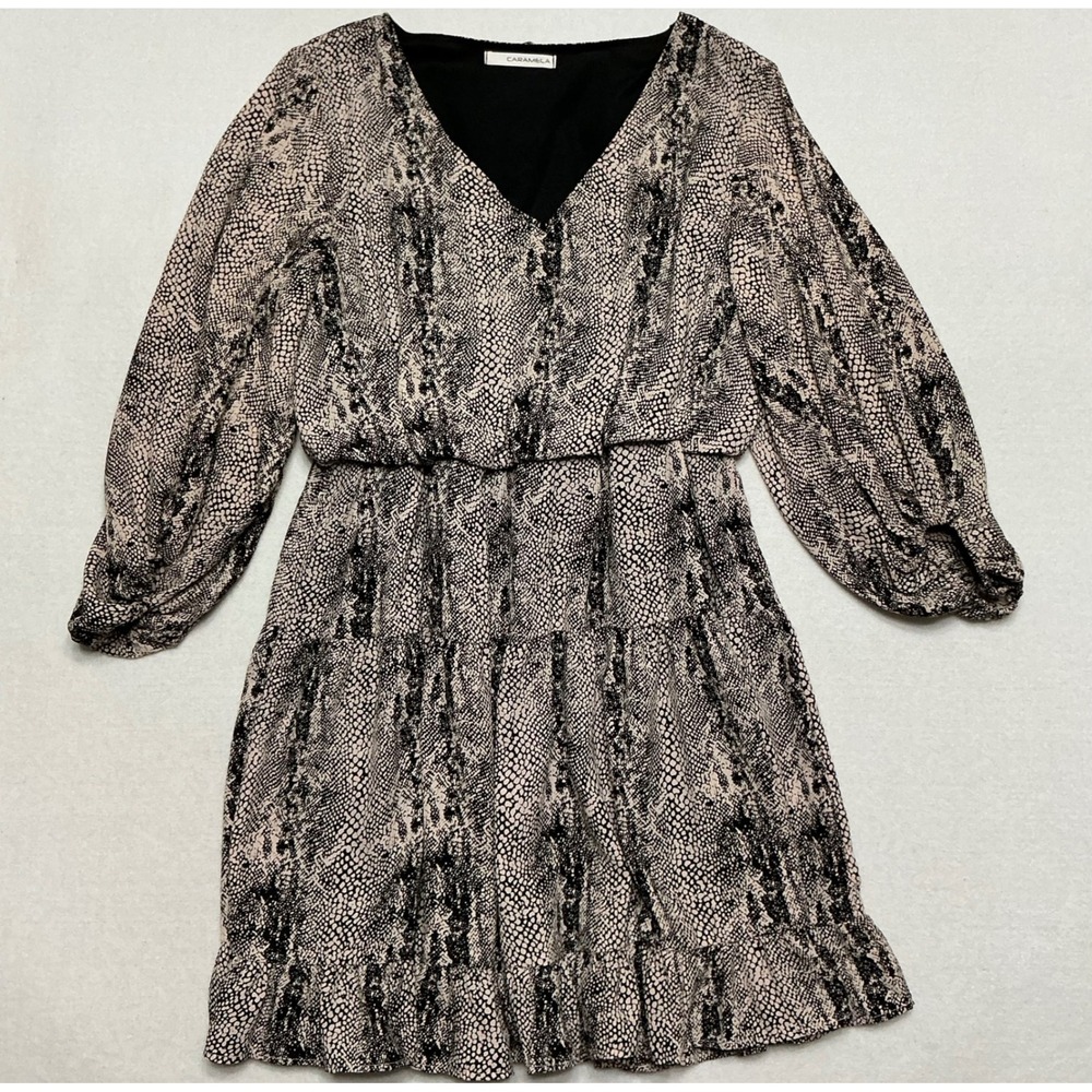Caramela Womens Snake Print Long Sleeve Tiered V Neck Ruffle Mini Dress Large